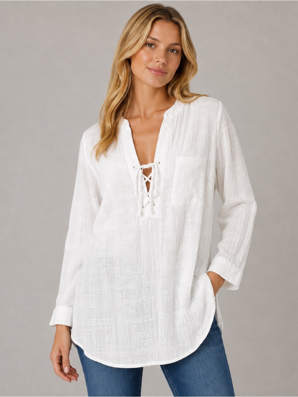 Southern Tide Marnee Textured Tunic Top White Lace Up Cover Up Beachy Size L
